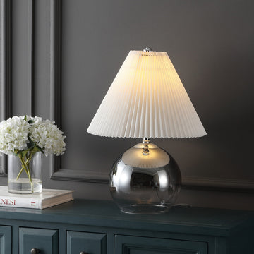 Louisa 22.5" Mid-Century Modern Round Glass/Iron Pleated Shade LED Table Lamp - JONATHAN Y